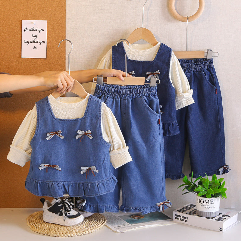 Girls' 2026 New Outfit, Stylish Children's Spring and Autumn Baby Square Collar Bow Denim Three-Piece Set