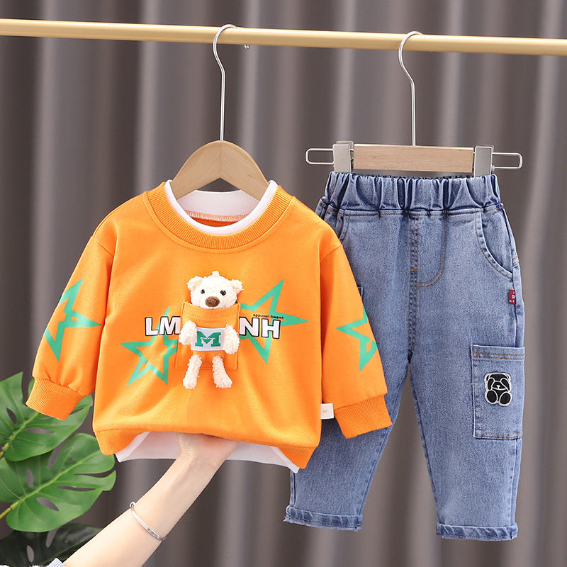 Sweatshirt Spring and Autumn 2025 New Boys' Personalized Printed Jeans Toddler Cartoon Bear Two-Piece Set