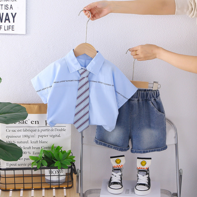 Boys' Outfit 2026 New Style Children's Summer Twill Tie Short Sleeve Shirt Two-Piece Set Baby Clothes Trendy