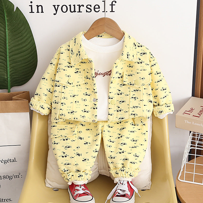 Children's Korean-style spring outfit 2026 new model, fashionable casual long-sleeve floral print three-piece set for girls, trendy baby wear