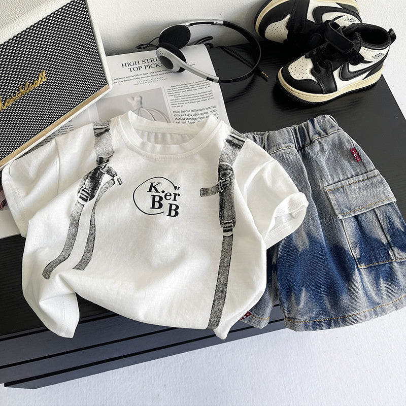 Boys' Outfit 2026 New Style Children's Faux Suspender Short Sleeve Baby Summer Thin Clothing Two-Piece Trendy Set