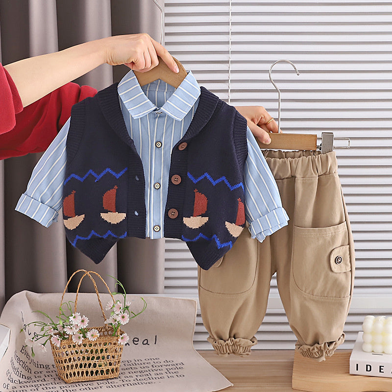 Boys' Outfit 2026 New Children's Sweater Sailing Clothes Stylish Spring Vest Three-Piece Set for Boys