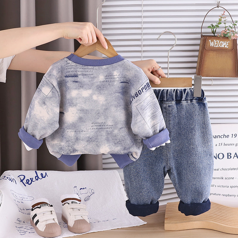 Boys Spring and Autumn 2025 Casual Suit Baby Boy New 1-5 Years Old Long Sleeve Letter Sweatshirt Denim Two-piece Set