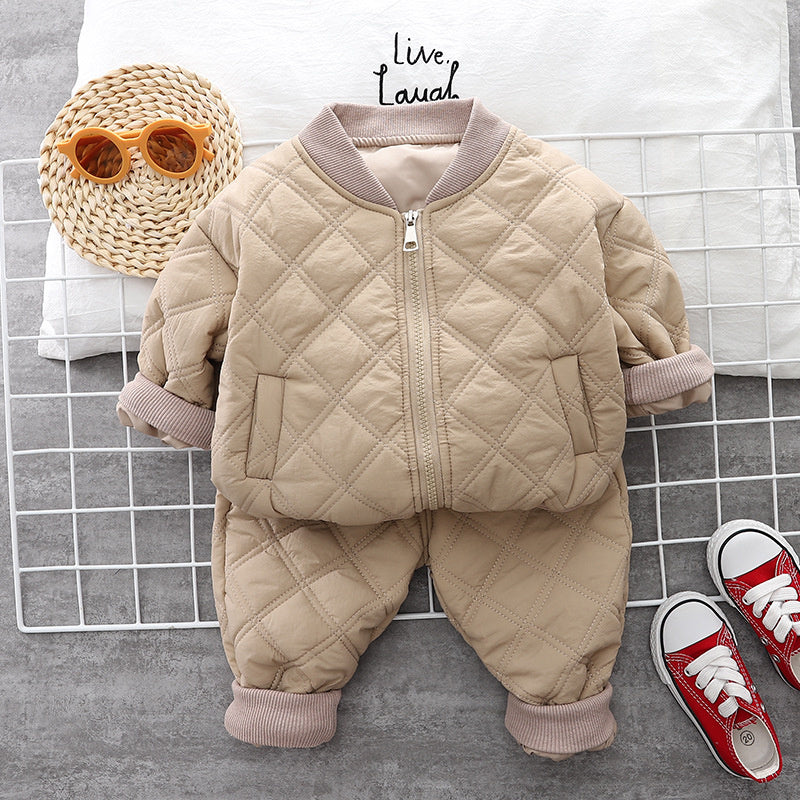 Boys' Fleece-Lined Thickened 2022 Style Children's Baby Plaid Zipper Cotton Jacket Two-Piece Set for Autumn and Winter