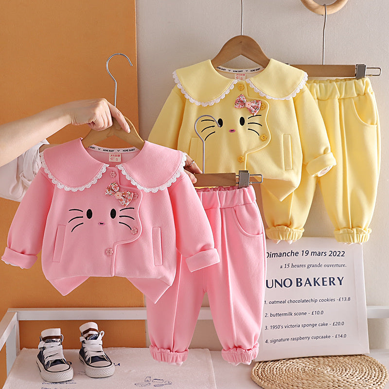Girls' Spring and Outfit 2026 New Fashionable Baby Cat Two-Piece Set Children's Infant Autumn Casual Clothes