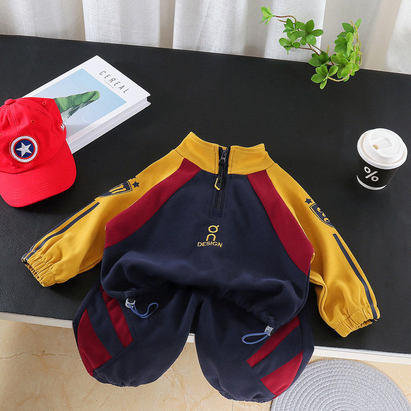 Boys' Spring and Autumn Outfit 2026 New Fashionable Infant Children's Clothing Baby Patchwork Half-Zip Two-Piece Set Trendy