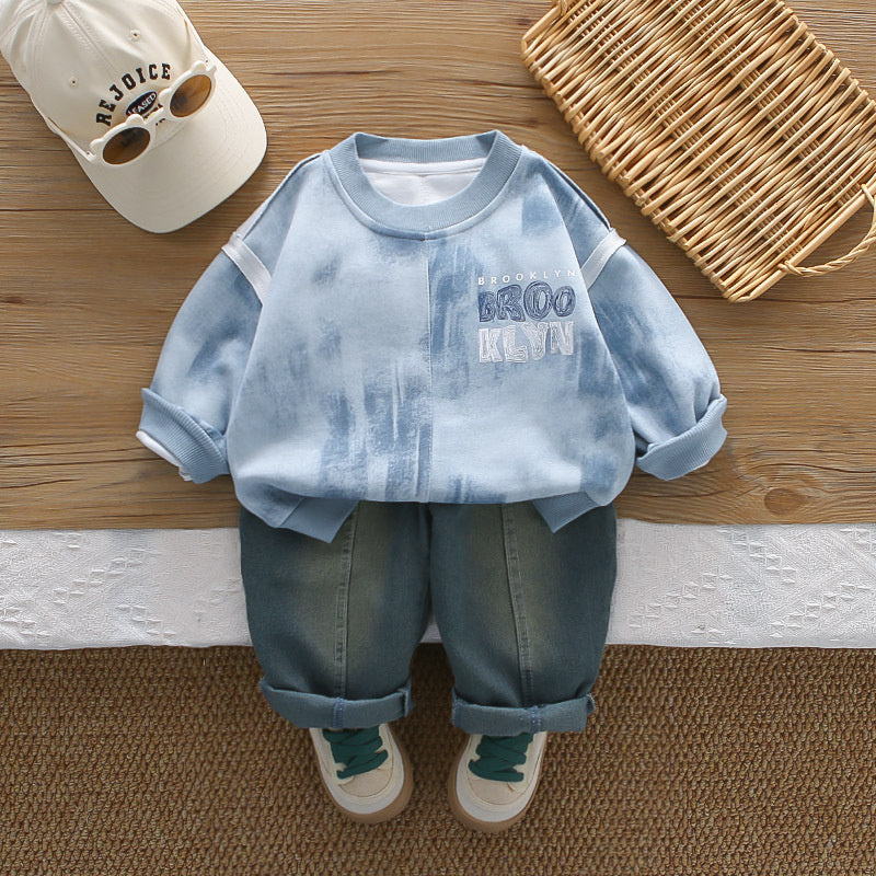 Boys' Spring and Autumn Sports Tie-Dye English Sweatshirt Two-Piece Set Children's Casual Long-Sleeve Clothes Baby Stylish Outfit