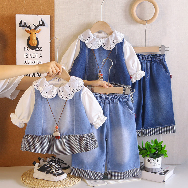 Girls' Outfit 2026 New Spring and Autumn Fashionable Children's Baby Girl Doll Collar Denim Vest Long Sleeve Three-Piece Set
