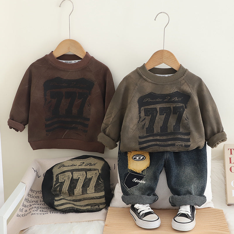 Boys' and Autumn 2025 New Children's Digital Round Neck Sweatshirt Toddler Spring Outfit Baby Clothes Two-Piece Set
