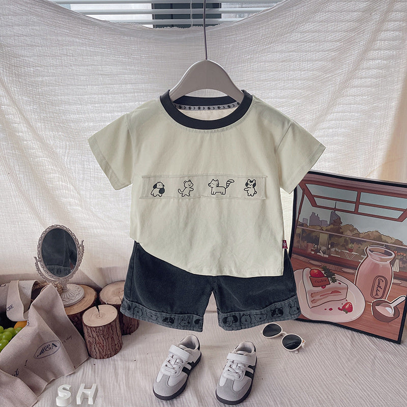 Boys' Solid Color Puppy Print Short Sleeve Set New Children's Round Neck Cool and Stylish Baby Summer Two-Piece Outfit