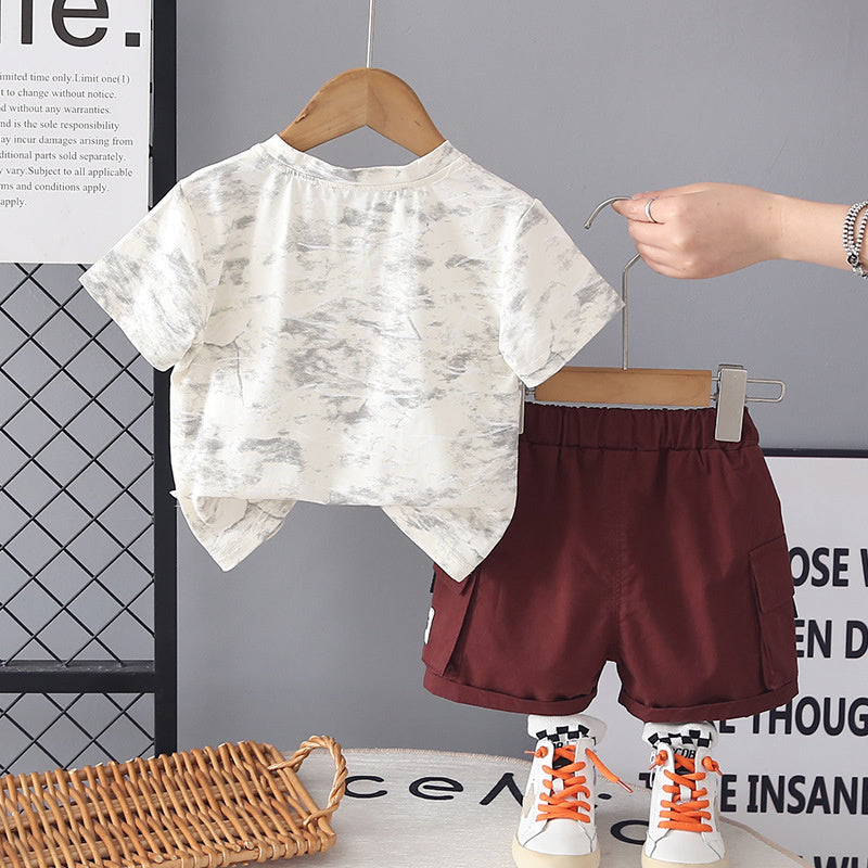Boys' Letter Embroidered Short Sleeve Summer 2026 New Baby Round Neck Clothes Infant Children's Two-Piece Set