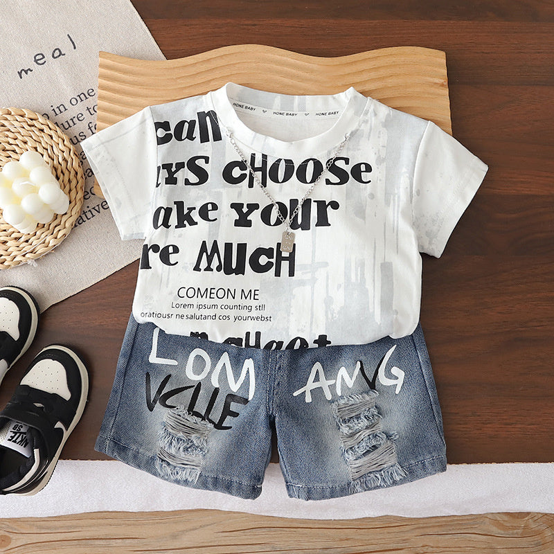 Boys' Outfit 2026 New Style: Toddler Summer Tie-Dye Letter Print Short Sleeve Shorts Two-Piece Set, Stylish and Trendy for Babies