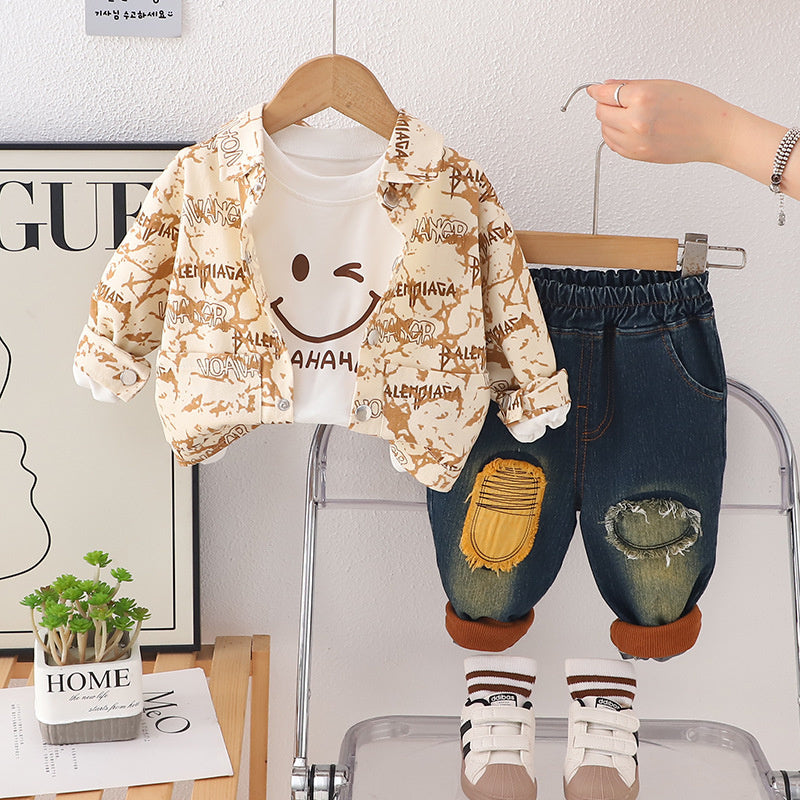 Boys' Toddler Clothing Autumn 2025 New Tie-Dye Smiley Face Jacket Casual Long Pants Children's Baby Three-Piece Set
