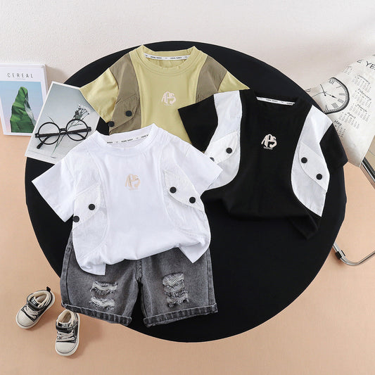 Summer Outfit 2026 New Style Toddler Double-Button Faux Pocket Short-Sleeve Two-Piece Set for Boys Stylish Children's Clothing
