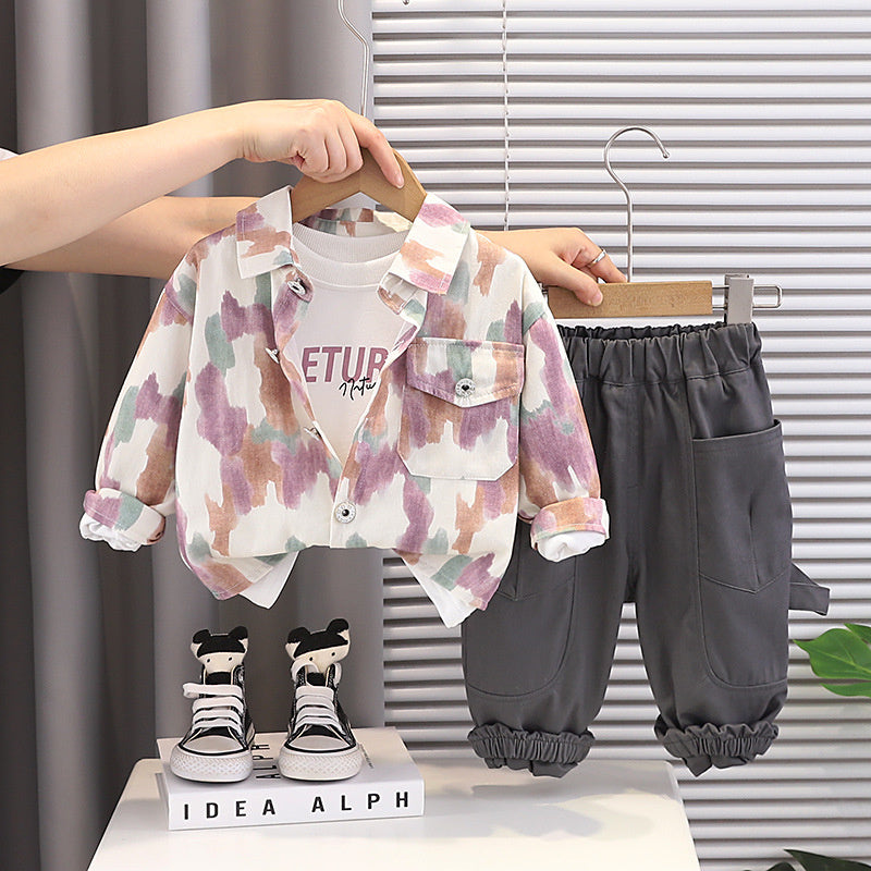 Boys' Casual Tie-Dye Pocket Three-Piece Outfit, Stylish Fashionable and Autumn Baby Children's Spring Clothing Trend