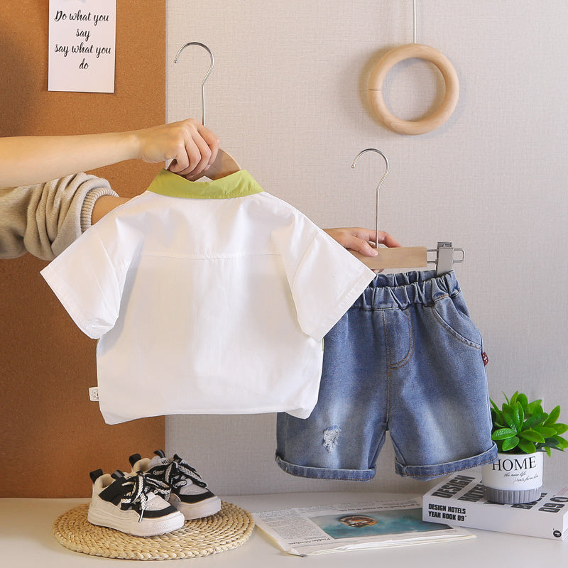Boys' Summer Outfit 2026 New Fashionable Printed Cartoon Short-Sleeve Shirt Shorts Two-Piece Set for Infants and Children