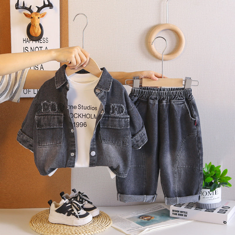 Children's clothing 2026 new outfit, Korean-style letter denim three-piece set boys, suitable for spring and autumn