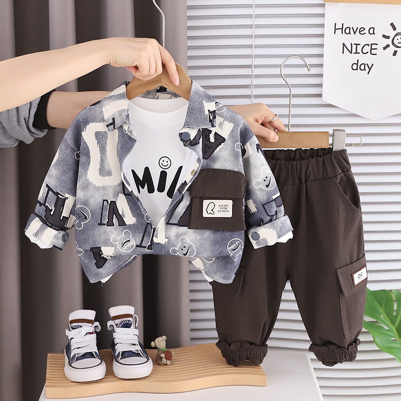 Baby outfit set, children's boy infant clothing, stylish boys' spring and autumn single-pocket letter three-piece set