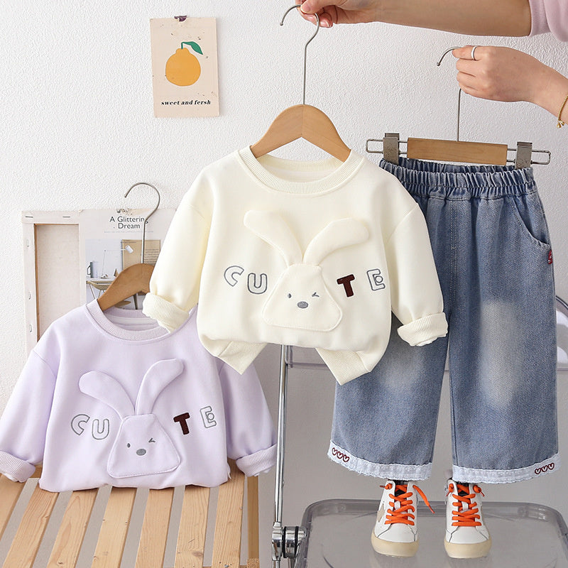Girls' Sweatshirt 2026 New Fashionable Children's Outfit Baby Long-Eared Rabbit Clothes Spring and Autumn Two-Piece Set Trendy
