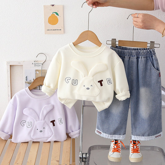 Girls' Sweatshirt 2026 New Fashionable Children's Outfit Baby Long-Eared Rabbit Clothes Spring and Autumn Two-Piece Set Trendy