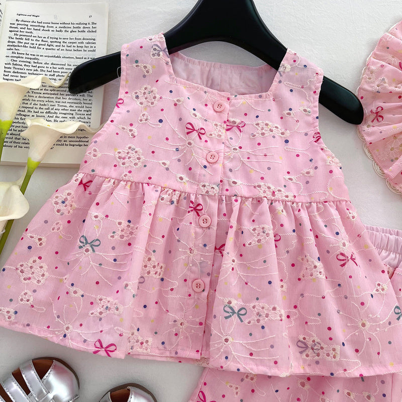 2026 Spring/Summer New Girls' Outfit Cute Bow Embroidered Sleeveless Top and Shorts Two-Piece Set with Hat