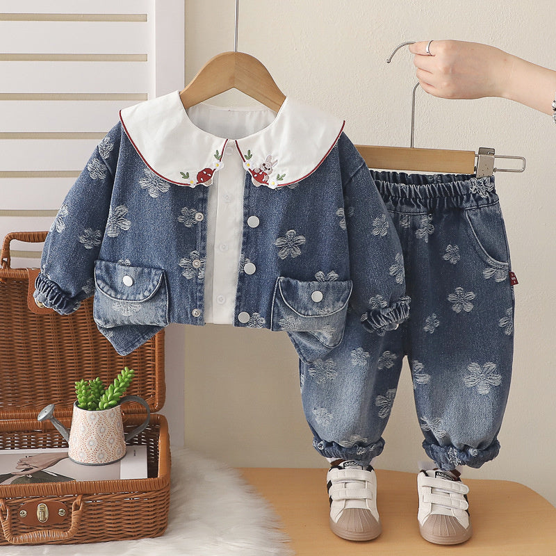 Girls' Spring and Autumn Petal Denim Outfit 2026 New Fashionable Korean Style Three-Piece Set for Young Girls