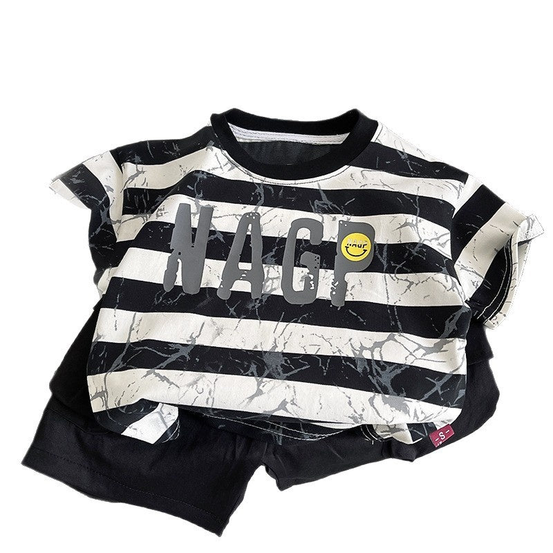 Boys' Outfit 2026 New Stylish Striped Smiley Face Short Sleeve Two-Piece Set Baby Summer Clothes Trendy Children's Wear