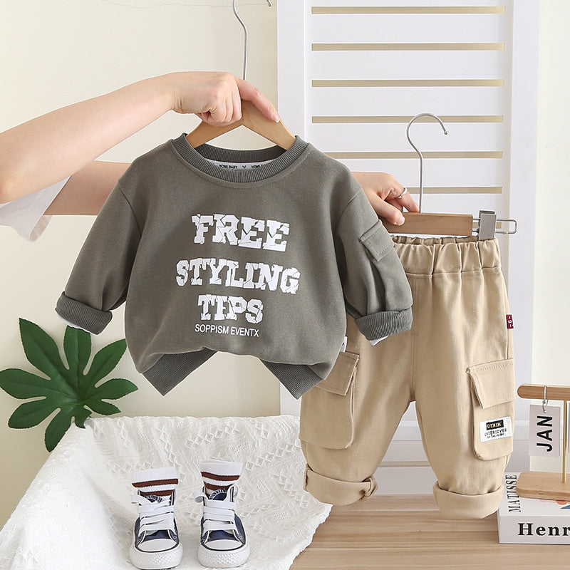 Boys' Suit 2026 New Model Children's Spring and Autumn Letter Sweatshirt Stylish Fashionable Baby Clothes Workwear Two-Piece Set