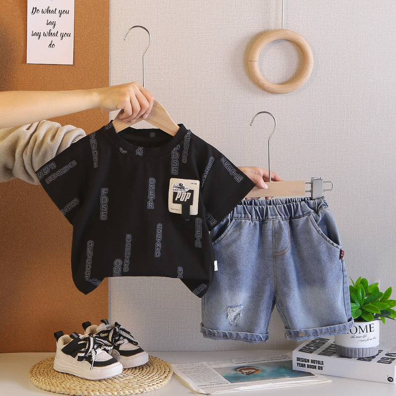 Summer new casual short-sleeve two-piece set for children, with letter-printed round-neck top and loose-fitting jeans