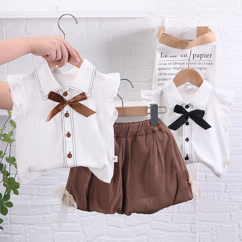 Korean-style casual children's clothing for toddlers young children, featuring fly-sleeve shirt and shorts, a fashionable new summer short-sleeve set