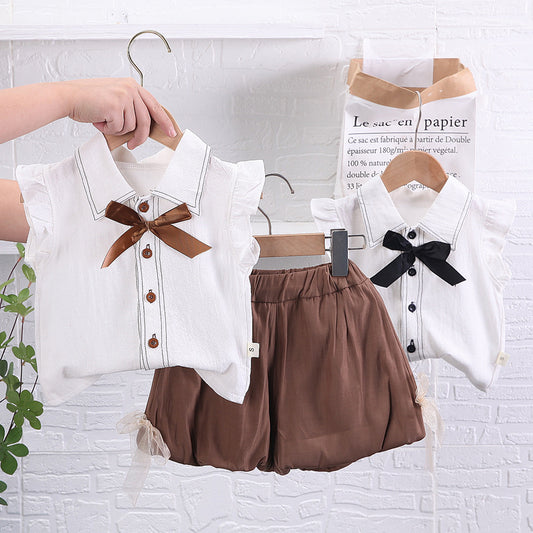 Korean-style casual children's clothing for toddlers young children, featuring fly-sleeve shirt and shorts, a fashionable new summer short-sleeve set