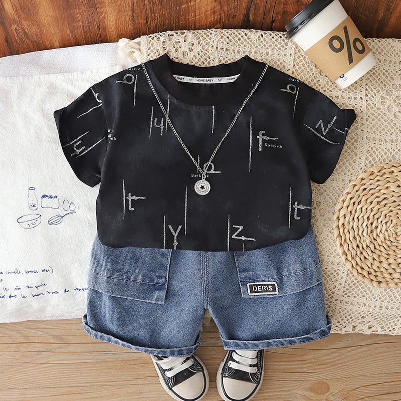 Boys' Summer Outfit 2026 New Fashionable Toddler Stylish Letter Print Short Sleeve Pants Baby Two-Piece Set