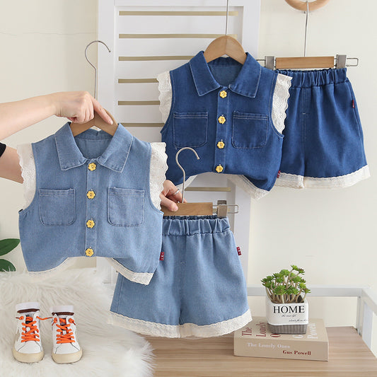 Girls' Outfit Set 2026 New Trendy Cool Children's College Style Denim Vest for Girls Summer Short Sleeve Wholesale