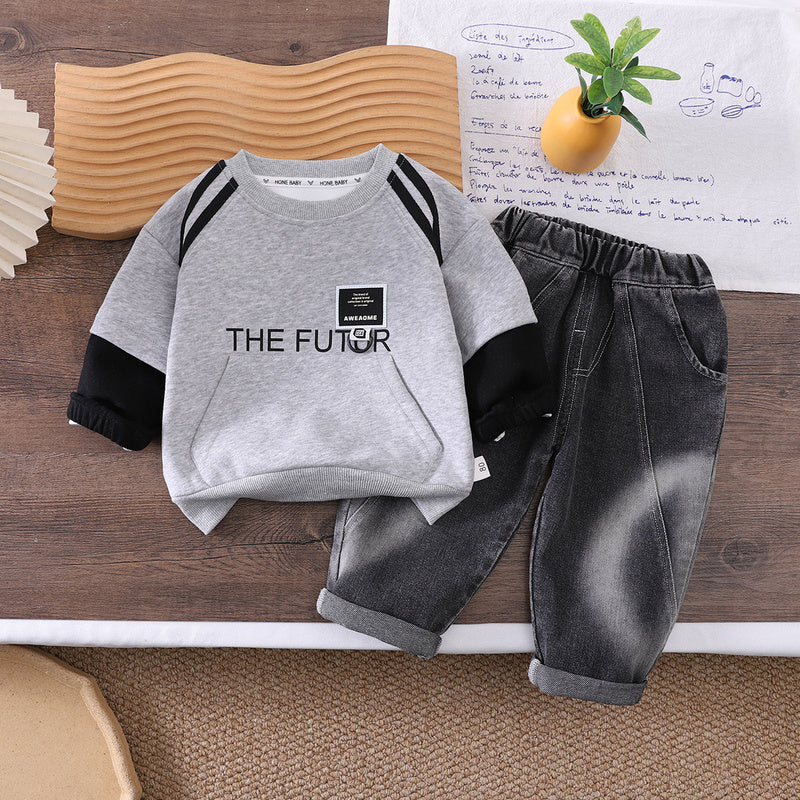 Boys' Round Neck Pocket Sweatshirt 2026 New Spring and Autumn Style Children's Casual Sports Two-Piece Set
