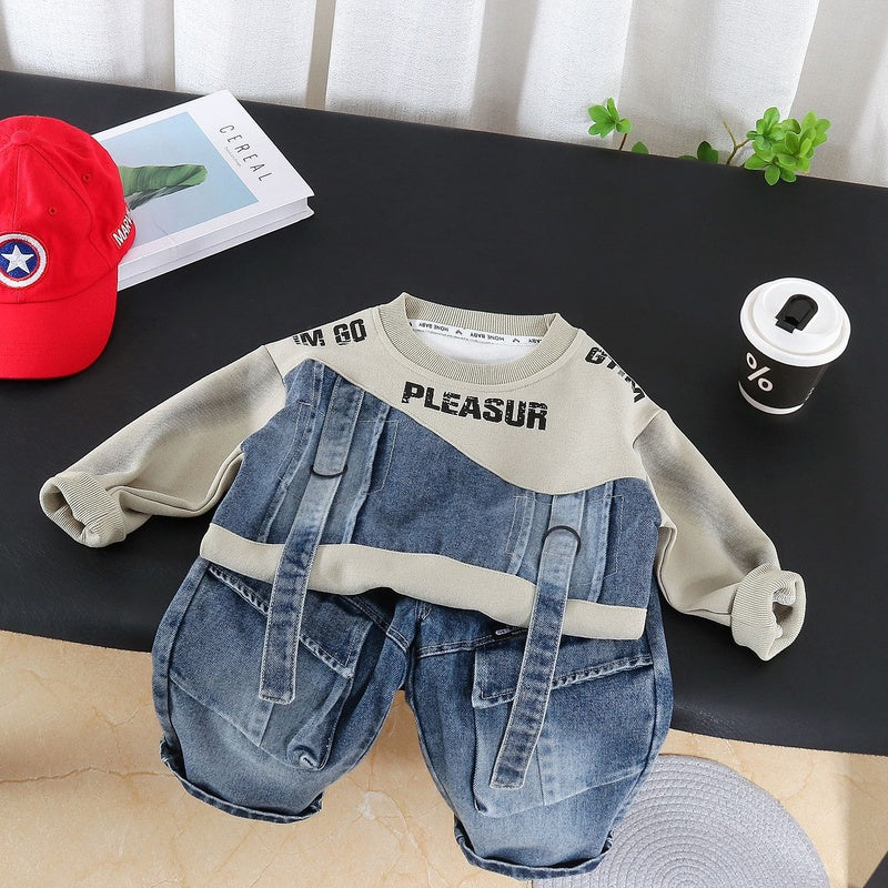 Boys' Outfit 2026 New Fashionable Two-Piece Set with Straps Patchwork Sweatshirt for Toddlers in Spring and Autumn