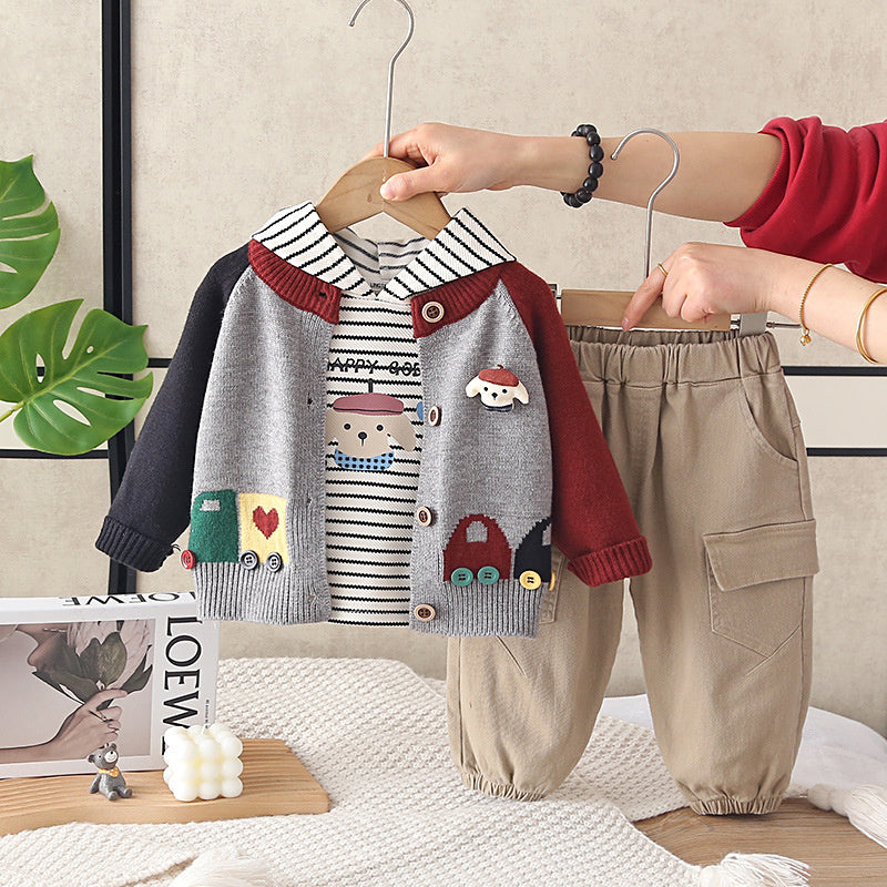 Boys' and Autumn Color-Block Car Three-Piece Set Infant Cartoon Casual Outfit for 1-4 Year Olds Baby Spring Clothes