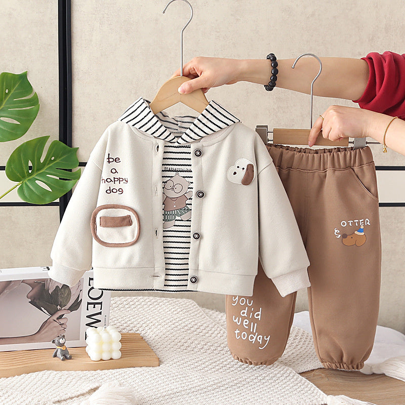Boys' outfit set, stylish baby boy spring and autumn fashion trendy infant children's clothing striped puppy cardigan three-piece set