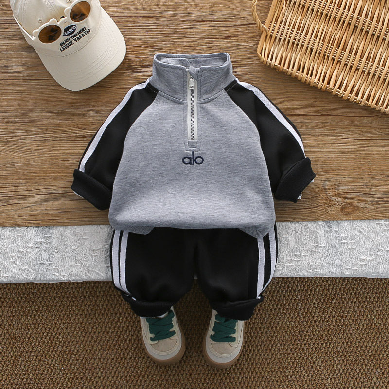 Boys' Autumn Outfit, New Spring Style for Baby Boys, Casual Two-Piece Set with Half-Zip and Color Block Long Sleeves, Trendy