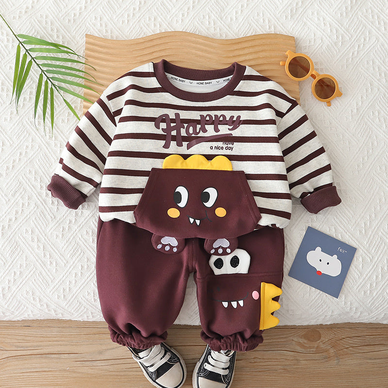 Boys' and Autumn Outfit 2026 New Style Baby Boy Spring Fashion Striped Dinosaur Two-Piece Set Infant Toddler Clothing