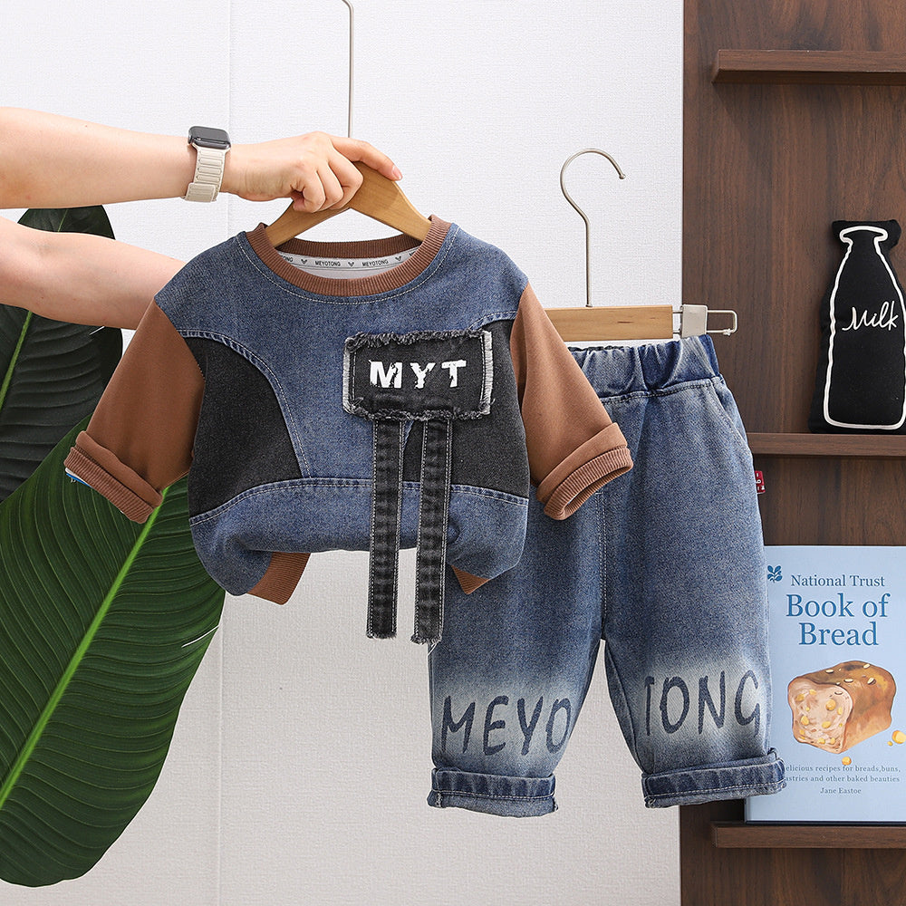 Boys' Outfit 2026 New Spring Autumn Clothes for Infants and Children, Denim Patchwork Round Neck Shirt Two-Piece Trendy Set