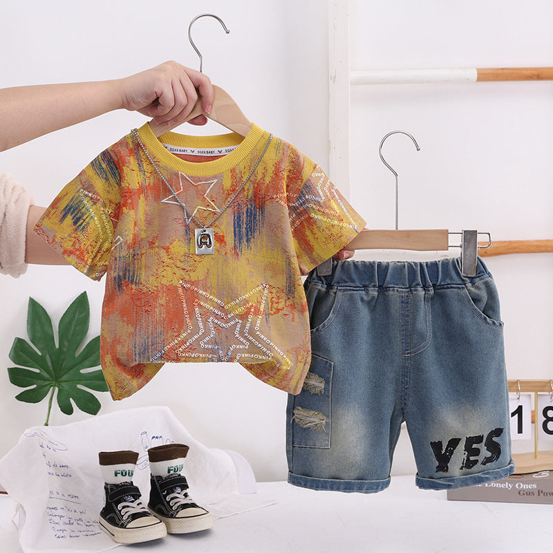 Boys' Summer 2026 New Chain Star Round Neck Short Sleeve Two-Piece Set, Stylish and Fashionable Children's Clothing