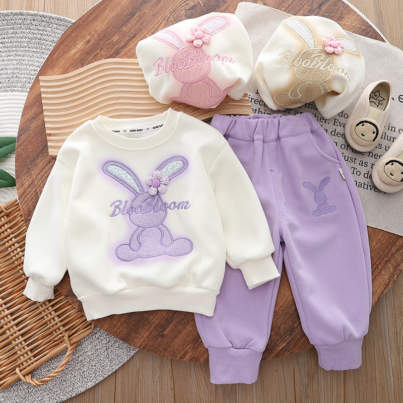 1-4 Years Old Baby Outfit Spring Fashionable Girl Clothing Korean Style Infant Toddler Clothes 3 Flowers Rabbit Two-Piece Set