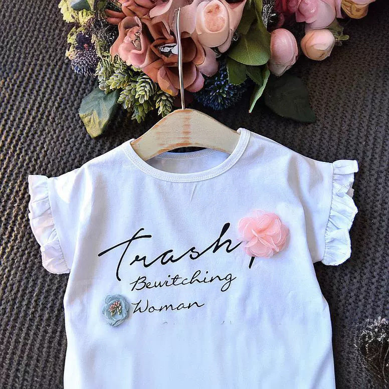 2024 New Summer Children's Clothing Set: Short-Sleeve Floral Letter T-Shirt + Shorts Two-Piece Casual Outfit for Girls