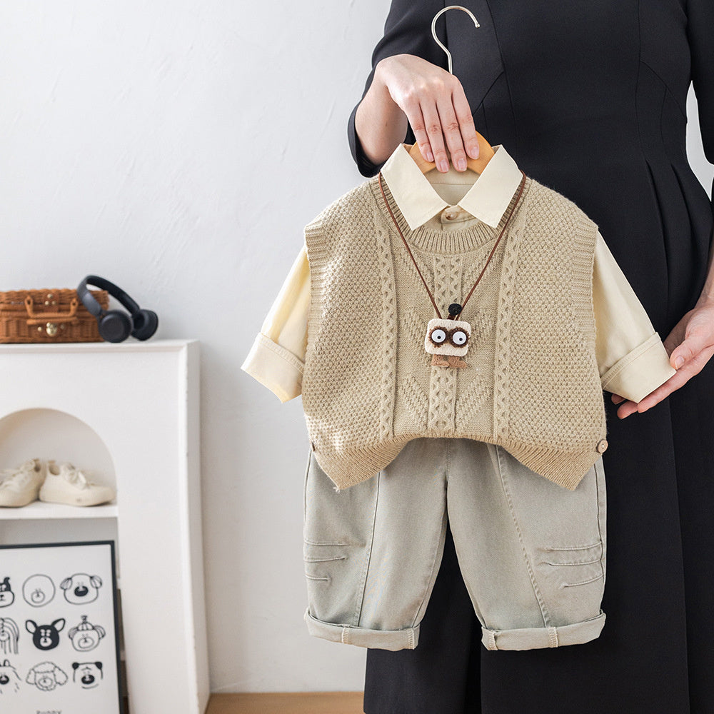 Baby boy spring outfit set, stylish handsome toddlers, 2-piece baby clothing for 1-3 years old, with pendant and sweater, trendy three-piece set