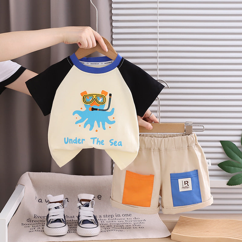 Boys' Short-Sleeve 2026 Trendy New Outfit Cartoon Raglan Sleeve Clothes Children's Summer Two-Piece Casual Set