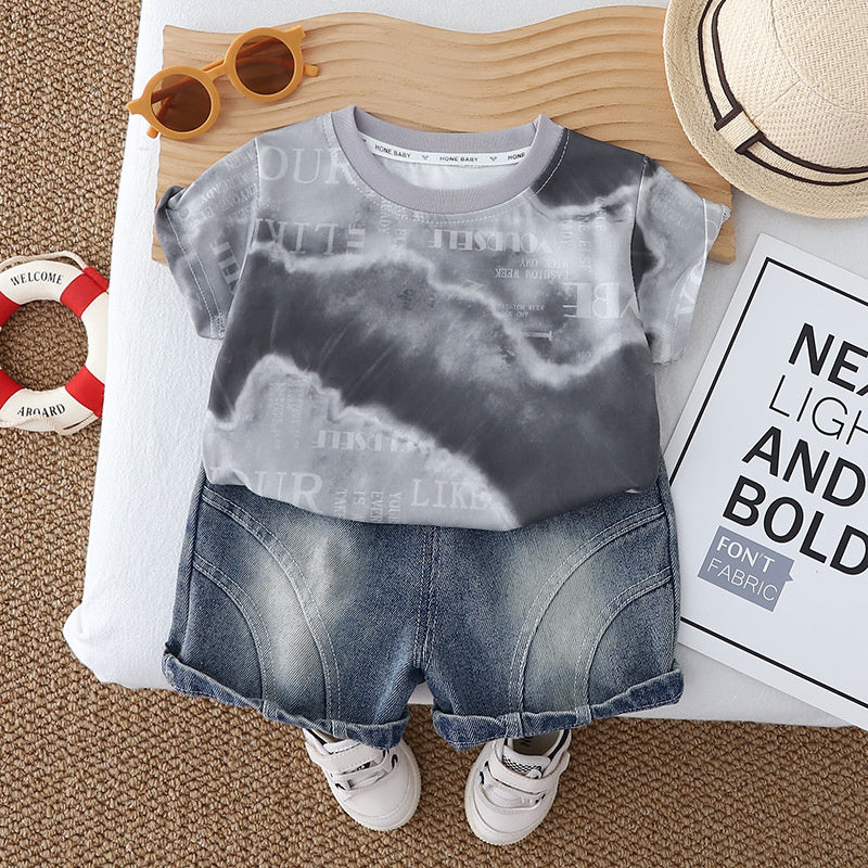 Boys' outfit, Korean style clothing for ages 1-5, casual and stylish summer wear, color-blocked short-sleeve two-piece set, T-shirt