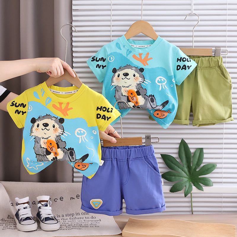 Boys' Summer Outfit 2026 New Fashionable Children's Short Sleeve Thin Cartoon Two-Piece Set Trendy Wholesale