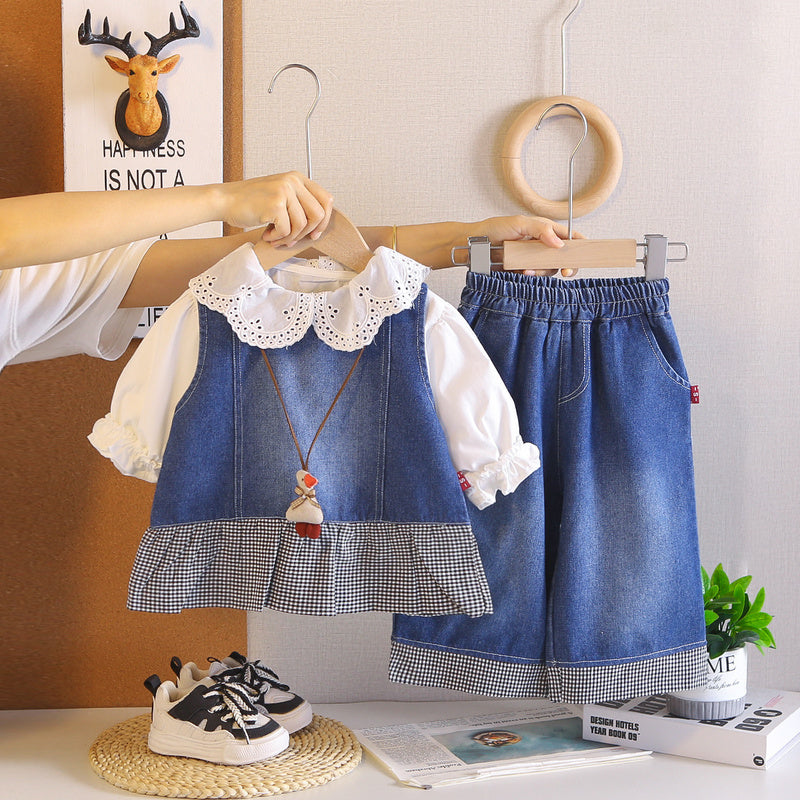 Girls' Outfit 2026 New Spring and Autumn Fashionable Children's Baby Girl Doll Collar Denim Vest Long Sleeve Three-Piece Set