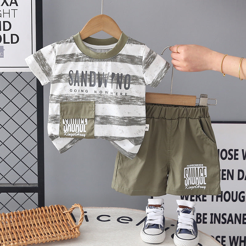 Boys' Striped Casual Short-Sleeve 2026 New Summer Outfit Baby Korean Style Children's Thin Two-Piece Trendy Set