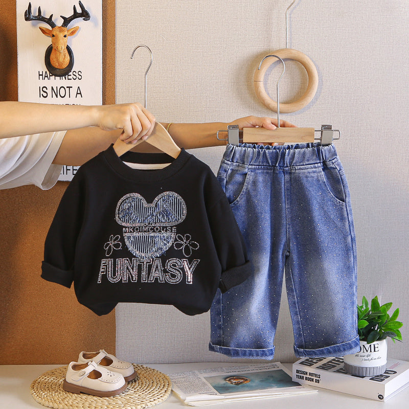 Girls' Autumn Cartoon Outfit 2026 Spring/Autumn New Casual Cat Head Sweatshirt Two-Piece Set Children's Baby Clothes